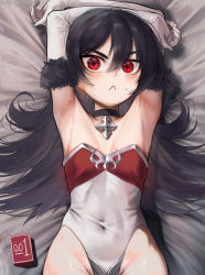 Rule 34 | 1girl, :&lt;, armpits, bare shoulders, black choker, black hair, breasts, choker, cleavage, commentary request, condom box, covered navel, diamond-shaped pupils, diamond (shape), elbow gloves, gloves, hair between eyes, highres, illya (small) (princess connect!), illya (princess connect!), long hair, looking at viewer, lying, okamoto condoms, on back, princess connect!, red eyes, revision, sidelocks, small breasts, solo, symbol-shaped pupils, thighs, torriet, white gloves