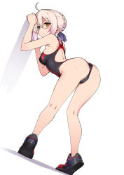 Rule 34 | 1girl, ahoge, artoria pendragon (fate), ass, black one-piece swimsuit, blonde hair, blush, braid, breasts, competition swimsuit, fate/grand order, fate (series), french braid, full body, glasses, hair between eyes, hair bun, highleg, highleg swimsuit, highres, kneepits, long hair, looking at viewer, looking back, medium breasts, mysterious heroine x alter (fate), namonashi, one-piece swimsuit, red one-piece swimsuit, sidelocks, single hair bun, solo, swimsuit, thighs, yellow eyes