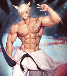 Rule 34 | 2boys, abs, animal ears, artist name, bandaged fingers, bandages, bara, belt, biceps, cat ears, chest tattoo, commission, dougi, hakama, highres, japanese clothes, karate gi, large pectorals, male focus, manly, mature male, meisho hanten, multiple boys, muscular, muscular male, nipples, original, pectorals, red eyes, short hair, signature, smile, spiked hair, tattoo, teeth, thick arms, white hair