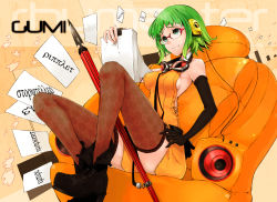 Rule 34 | 1girl, bespectacled, boots, character name, elbow gloves, english text, glasses, gloves, goggles, greek text, green eyes, green hair, gumi, headphones, matching hair/eyes, mille (dieci), mirre, pencil, ranguage, shiritori, short hair, sitting, solo, thighhighs, vocaloid, zettai ryouiki