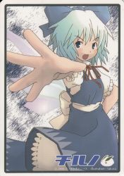 Rule 34 | 1girl, artist name, blue eyes, blush, bow, cirno, hair bow, hand on own hip, large bow, open mouth, outstretched hand, ribbon, sakura (medilore), short hair, solo, touhou, wings