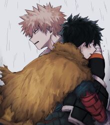 Rule 34 | 2boys, absurdres, alternate hair color, backpack, bag, bags under eyes, bakugou katsuki, bandaged arm, bandages, blonde hair, blue bodysuit, blue hair, blurry, bodysuit, boku no hero academia, cape, detached sleeves, dirty, dirty clothes, eyebrows hidden by hair, freckles, from side, gloves, green eyes, green gloves, highres, leaning on person, looking down, male focus, midoriya izuku, multiple boys, official alternate costume, open mouth, orange gloves, outdoors, parted lips, profile, rain, red eyes, scratches, short hair, spiked hair, spoilers, tanuki happa, teeth, torn cape, torn clothes, torn sleeve, two-tone gloves, upper body, upper teeth only, water drop, wet, wide-eyed, yellow bag, yellow cape