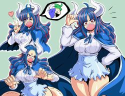Rule 34 | 1girl, angry, blue cape, blue hair, breasts, cape, curled horns, dinosaur girl, dinosaur tail, fingernails, heart, high-waist skirt, highres, horns, large breasts, lewdamone, long hair, long sleeves, mask, mouth mask, multicolored hair, one eye closed, one piece, page one (one piece), pink eyes, pink hair, sharp fingernails, shirt, skirt, solo, speech bubble, spoken character, tail, two-tone hair, ulti (one piece), v