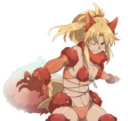 Rule 34 | 1girl, animal ears, bare shoulders, blonde hair, braid, breasts, commentary request, cosplay, echo (circa), elbow gloves, fate/apocrypha, fate/grand order, fate (series), french braid, fur trim, gloves, green eyes, hair ornament, hair scrunchie, halloween costume, long hair, looking at viewer, mash kyrielight, mash kyrielight (dangerous beast), mash kyrielight (dangerous beast) (cosplay), mordred (fate), mordred (fate/apocrypha), navel, official alternate costume, one eye closed, panties, red panties, scrunchie, simple background, small breasts, solo, standing, tail, thighhighs, underwear, white background, wolf ears, wolf tail
