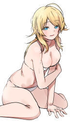 Rule 34 | 1girl, absurdres, bare legs, bikini, blonde hair, blue eyes, blush, breasts, cleavage, commentary, hachimiya meguru, highres, idolmaster, idolmaster shiny colors, korean commentary, large breasts, looking at viewer, mixed-language commentary, navel, pdal (pdalhhh), simple background, sitting, solo, stomach, sweat, swimsuit, wariza, white background, white bikini