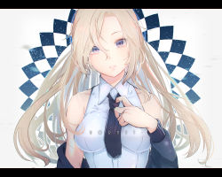 Rule 34 | 1girl, black jacket, black necktie, blonde hair, breasts, character name, hair between eyes, hornet (kancolle), jacket, kantai collection, kouga (mutsumi), letterboxed, long hair, looking at viewer, medium breasts, necktie, off shoulder, parted lips, purple eyes, shirt, simple background, sleeveless, sleeveless shirt, solo, white shirt