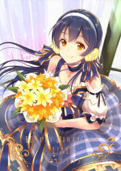 Rule 34 | 10s, 1girl, 2017, blue hair, bouquet, bow, character name, choker, dated, detached sleeves, dress, flower, frilled sleeves, frills, hair bow, hair flower, hair ornament, hairband, happy birthday, highres, holding, holding bouquet, long hair, looking at viewer, love live!, love live! school idol festival, love live! school idol project, orange eyes, ribbon-trimmed sleeves, ribbon trim, ricar, smile, solo, sonoda umi