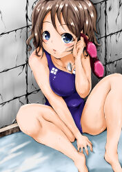 Rule 34 | 1girl, blue eyes, blush, breasts, brown hair, cleavage, clip studio paint (medium), competition swimsuit, goggles, highres, looking at viewer, love live!, love live! sunshine!!, one-piece swimsuit, poolside, rice oomori, short hair, solo, swimsuit, watanabe you