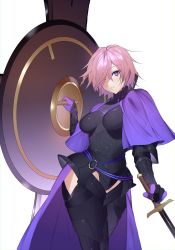Rule 34 | 1girl, absurdres, armor, armored dress, black legwear, breasts, fate/grand order, fate (series), gloves, hair over one eye, highres, holding, holding shield, looking at viewer, lunethary, mash kyrielight, medium breasts, purple eyes, purple gloves, purple hair, shield, short hair, smile, solo