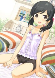 Rule 34 | 1girl, alarm clock, barefoot, bed, bedroom, black eyes, black hair, buntan, camisole, child, clock, highres, indoors, long hair, original, pillow, shorts, sitting, smile, solo, twintails, wariza