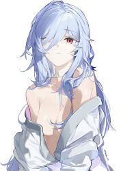 Rule 34 | 1girl, absurdres, armpit crease, bare shoulders, blue bow, blue hair, bow, breasts, cleavage, eyes visible through hair, gohanduck, hair bow, hair over one eye, highres, honkai: star rail, honkai (series), jingliu (honkai: star rail), large breasts, long hair, mole, mole on breast, mouth veil, parted lips, red eyes, robe, robe partially removed, see-through, see-through veil, simple background, solo, twitter username, upper body, veil, white background, white robe