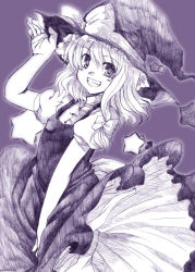 Rule 34 | 1girl, :d, adjusting clothes, adjusting headwear, bow, dress, dress tug, fang, female focus, grin, hair bow, hat, hat bow, head tilt, kirisame marisa, looking at viewer, mikage baku, monochrome, open mouth, puffy short sleeves, puffy sleeves, purple background, purple theme, short sleeves, simple background, smile, solo, star (symbol), touhou, witch hat