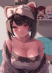 Rule 34 | 1girl, ami no fuda, ange katrina, animal ears, arms at sides, bare shoulders, blush, breasts, brown hair, cardigan, character doll, cleavage, closed mouth, collarbone, dog ears, dog girl, fang, grey cardigan, heterochromia, highres, indoors, inui toko, jewelry, lace, lace-trimmed cardigan, lace-trimmed shirt, lace trim, large breasts, lize helesta, looking at viewer, nijisanji, off shoulder, pendant, red eyes, shelf, shirt, short hair, sidelocks, skin fang, sleeveless, sleeveless shirt, smile, solo, strap slip, swept bangs, updo, upper body, virtual youtuber, white shirt, yellow eyes