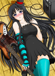 Rule 34 | 00s, 1girl, akiyama mio, amplifier, bass guitar, black hair, blue eyes, blunt bangs, blush, breasts, cable, don&#039;t say &quot;lazy&quot;, dress, facepaint, fender (company), fender jazz bass, fingerless gloves, gloves, hat, hime cut, hozumi kenji, instrument, k-on!, large breasts, long hair, lying, mini hat, mini top hat, nail polish, on back, red nails, solo, striped, thighhighs, top hat