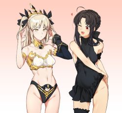 Rule 34 | 2girls, :&lt;, ;d, ahoge, armlet, arms up, artoria pendragon (all), artoria pendragon (fate), bare shoulders, bikini, black bikini, black bow, black dress, blonde hair, blush, bow, breasts, bridal garter, closed mouth, clothes lift, collar, collarbone, cosplay, cosplay request, costume switch, cowboy shot, detached sleeves, dress, dress lift, fate/grand order, fate (series), frills, gradient background, groin, hair bow, heart, ishtar (fate), ishtar (fate) (cosplay), k52, lifting own clothes, long hair, long sleeves, looking up, mismatched bikini, multiple girls, navel, no panties, official alternate costume, one eye closed, open mouth, parted bangs, pink background, red eyes, saber alter, saber alter (cosplay), sidelocks, single detached sleeve, sleeveless, sleeveless dress, small breasts, smile, stomach, strapless, strapless bikini, swimsuit, tiara, two side up, v-shaped eyebrows, white bikini, yellow eyes