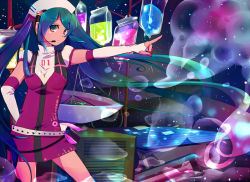Rule 34 | blue eyes, blush, brown eyes, dress, elbow gloves, gloves, hashimochi, hatsune miku, legs, long hair, microphone, nurse, solo, space, star (symbol), twintails, very long hair, vocaloid