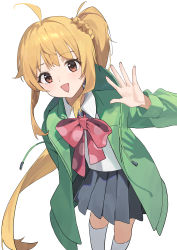 Rule 34 | 1girl, absurdres, ahoge, blonde hair, blue skirt, bocchi the rock!, bow, bowtie, brown eyes, collared shirt, commentary, from above, green jacket, hair ornament, hair scrunchie, highres, ijichi nijika, jacket, long hair, looking at viewer, nai gai, pleated skirt, polka dot bowtie, red bow, red bowtie, school uniform, scrunchie, shirt, side ponytail, sidelocks, simple background, skirt, socks, solo, waving, white background, white shirt, white socks