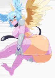 Rule 34 | 1girl, armor, ass, blue eyes, blue hair, blush, breasts, curvy, digimon, digimon frontier, gloves, harpy, highres, huge ass, kanji, large breasts, mask, monster girl, revealing clothes, shutumon, solo, thighhighs, thong, wide hips, wings