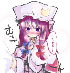 Rule 34 | 1girl, blush, bow, collar, crescent moon, female focus, hair bow, hat, moon, mukyuu, multiple hair bows, patchouli knowledge, purple eyes, purple hair, shichinose, shirt grab, sketch, solo, tears, touhou, translation request, white background