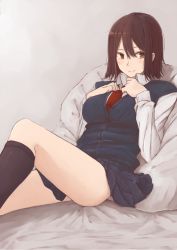 Rule 34 | 1girl, black skirt, black socks, blue vest, blush, bob cut, breast suppress, brown eyes, brown hair, closed mouth, collared shirt, feet out of frame, hands up, highres, knee up, long sleeves, looking at viewer, medium hair, necktie, original, pillow, pleated skirt, reclining, red necktie, rucchiifu, school uniform, shirt, sitting, skirt, smile, socks, solo, vest, white shirt, wing collar