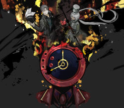Rule 34 | 1boy, 1girl, 1other, black background, black jacket, black shirt, book, charon (project moon), clock, coat, collared shirt, dante (limbus company), dress, fire, grey dress, highres, holding, holding paddle, jacket, limbus company, long hair, long sleeves, low twintails, necktie, nishikujic, object head, paddle, project moon, red coat, red necktie, shirt, simple background, twintails, vergilius (project moon), very long hair, white hair