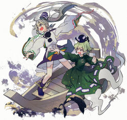 Rule 34 | 2girls, arm up, bad id, bad twitter id, blue footwear, blue headwear, blue skirt, boots, collar, detached sleeves, dress, flying, ghost tail, green dress, green eyes, green hair, grey eyes, grey hair, hair between eyes, hand up, hands up, hat, japanese clothes, kariginu, long hair, long sleeves, looking to the side, mononobe no futo, multiple girls, open mouth, pom pom (clothes), ponytail, purple background, shirt, skirt, smile, soga no tojiko, standing, syuri22, touhou, white background, white shirt, wide sleeves, yellow background