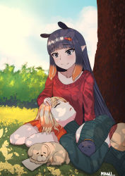 Rule 34 | 2girls, absurdres, alternate costume, black eyes, black hair, blonde hair, blush, breasts, bubba (watson amelia), cleavage cutout, closed eyes, clothing cutout, collarbone, dog, flat chest, green sweater, hair ornament, hairclip, hand on another&#039;s head, highres, hololive, hololive english, lap pillow, large breasts, long hair, looking at another, looking down, multiple girls, ninomae ina&#039;nis, open mouth, pointy ears, red sweater, riamu (liam razo), short hair, sleeping, smile, sweater, takodachi (ninomae ina&#039;nis), tentacle hair, very long hair, virtual youtuber, watson amelia