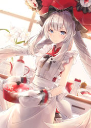 Rule 34 | 1girl, apron, blue eyes, blush, closed mouth, commentary request, fate/grand order, fate (series), flower, frilled hat, frills, hat, holding, indoors, kagachi saku, long hair, marie antoinette (fate), oven mitts, pot, red hat, red shirt, shirt, sidelocks, silver hair, skirt, sleeveless, sleeveless shirt, smile, solo, standing, steam, twintails, very long hair, white apron, white flower, white skirt