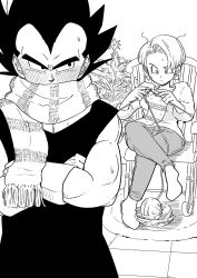 Rule 34 | anniversary, black hair, blush, bulma, chair, christmas, crossed arms, crossed legs, dragon ball, dragon ball gt, dragonball z, earrings, gloves, highres, jewelry, looking at another, scar, series, sitting, standing, sweatdrop, vegeta