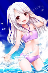 Rule 34 | 1girl, :d, bare arms, bare shoulders, bikini, blue sky, blush, breasts, cloud, collarbone, commentary request, day, fate/kaleid liner prisma illya, fate (series), halterneck, highres, horizon, illyasviel von einzbern, long hair, looking at viewer, navel, ocean, official alternate costume, omoomomo, open mouth, outdoors, pink bikini, red eyes, silver hair, sky, small breasts, smile, solo, standing, swimsuit, wading, water