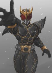 Rule 34 | 1boy, absurdres, arcle (kuuga), armor, black armor, blurry, commentary request, compound eyes, depth of field, forehead jewel, gold horns, gold trim, hand up, highres, horns, kamen rider, kamen rider kuuga, kamen rider kuuga (series), kamen rider kuuga (ultimate form), kintsuba (kintsuba 08), male focus, mask, multiple horns, reaching, reaching towards viewer, red eyes, rider belt, shoulder armor, snowing, solo, thighs, tokusatsu, upper body