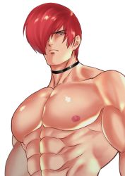 Rule 34 | 1boy, abs, bara, beniazumaru, black choker, choker, closed mouth, hair over one eye, hand up, highres, large pectorals, looking at viewer, male focus, muscular, muscular male, navel, nipples, one eye covered, pectorals, red eyes, red hair, short hair, solo, the king of fighters, the king of fighters &#039;95, the king of fighters xv, upper body, white background, yagami iori
