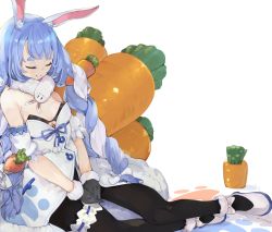 Rule 34 | 1girl, animal ear fluff, animal ears, black gloves, black pantyhose, blue hair, bow, braid, breasts, bridal garter, carrot, carrot hair ornament, closed eyes, closed mouth, commentary request, detached sleeves, don-chan (usada pekora), dress, food-themed hair ornament, footwear bow, fur scarf, gloves, hair ornament, highres, hololive, hololive fantasy, long hair, medium breasts, mimizuku (mmiganaru), pantyhose, rabbit ears, shoes, short eyebrows, short hair, sitting, sleeping, smile, solo, strapless, strapless dress, thick eyebrows, twin braids, twintails, twitter username, two side up, usada pekora, usada pekora (1st costume), very long hair, virtual youtuber, white bow, white dress, white footwear, white hair