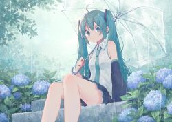 Rule 34 | 1girl, ahoge, arm at side, bare legs, bare shoulders, black sleeves, blue eyes, blue hair, blue neckwear, blue skirt, closed mouth, collared shirt, day, detached sleeves, feet out of frame, flower, hatsune miku, highres, holding, holding umbrella, hydrangea, jewelry, leaf, long hair, long sleeves, looking at viewer, mimengfeixue, miniskirt, necklace, no legwear, outdoors, plant, rain, shirt, sitting, skirt, solo, stairs, tareme, transparent, transparent umbrella, twintails, umbrella, very long hair, vocaloid, water drop, white shirt