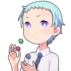 Rule 34 | androgynous, blue hair, blush, bright pupils, character request, closed mouth, collared shirt, commentary request, copyright request, dice, expressionless, gender request, grey necktie, hospital king, looking at viewer, necktie, purple eyes, shirt, short bangs, simple background, solo, upper body, white background, white pupils, white shirt