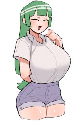 Rule 34 | 1girl, :d, ^ ^, arm behind back, blunt bangs, breasts, closed eyes, commentary request, cropped legs, drawlomong24, green hair, highres, korean commentary, large breasts, long hair, low-tied long hair, open mouth, original, shirt, short shorts, short sleeves, shorts, simple background, smile, solo, tented shirt, white background, white shirt