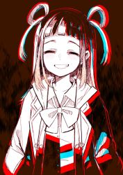 Rule 34 | 1girl, anaglyph, arm at side, blazer, blunt bangs, blush, bow, bowtie, brown background, buttons, christy mii, closed eyes, collared shirt, dot nose, grin, hair rings, jacket, lapels, long sleeves, loose bowtie, magia record: mahou shoujo madoka magica gaiden, mahou shoujo madoka magica, ooba juri, ryuugasaki academy school uniform, school uniform, shirt, short bangs, sidelocks, smile, solo, upper body