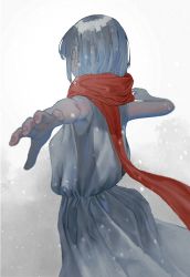 Rule 34 | 1girl, arms up, dress, from behind, highres, looking away, natari, original, outstretched arm, partially colored, red scarf, scarf, sidelocks, sleeveless, snow, snowing, solo, spot color, standing, upper body, white dress, white hair