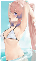 Rule 34 | 1girl, armpits, arms up, bare arms, bare shoulders, bikini, breasts, commentary request, genshin impact, hair tie in mouth, highres, innertube, long hair, looking at viewer, medium breasts, mouth hold, navel, pink hair, purple eyes, sangonomiya kokomi, solo, stomach, swim ring, swimsuit, upper body, very long hair, white bikini, yatsucchie