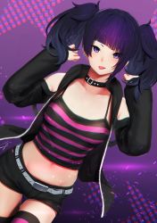 Rule 34 | black collar, black jacket, black shorts, breasts, collar, commentary request, diagonal bangs, dutch angle, earrings, eyes visible through hair, hands up, hayabusa, highres, idolmaster, idolmaster shiny colors, jacket, jewelry, long sleeves, looking at viewer, medium breasts, midriff, navel, open clothes, open jacket, purple eyes, purple hair, shirt, short shorts, shorts, sleeveless, sleeveless shirt, solo, striped clothes, striped shirt, striped thighhighs, tanaka mamimi, thigh gap, thighhighs, tongue, tongue out, twintails, unzipped