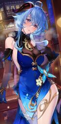 Rule 34 | 1girl, absurdres, against railing, ahoge, bare shoulders, bell, black gloves, blue dress, blue hair, blush, breasts, cleavage, commentary request, cowboy shot, detached sleeves, dress, ganyu (genshin impact), ganyu (twilight blossom) (genshin impact), genshin impact, gloves, goat horns, gradient clothes, gradient dress, hand up, head tilt, highres, hirai yuzuki, horns, large breasts, liyue harbor, looking at viewer, medium breasts, neck bell, official alternate costume, official alternate hairstyle, parted lips, purple eyes, railing, see-through, see-through cleavage, sleeveless, sleeveless dress, solo, sweat, thighs