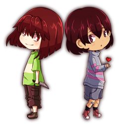 Rule 34 | :o, androgynous, bandaid, bandaid on knee, bandaid on leg, black eyes, brown hair, chara (undertale), chibi, frisk (undertale), full body, gender request, hair between eyes, heart, holding, holding knife, knife, looking at viewer, lowres, open mouth, parted lips, pocket, red eyes, reverse grip, shirt, shorts, skorua, smile, spoilers, striped clothes, striped shirt, striped sweater, sweater, transparent background, undertale