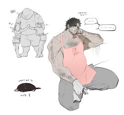 Rule 34 | ..., 1boy, 2girls, absurdres, apron, arm hair, bara, bear shakra, beard, beard stubble, belly, check copyright, chest hair, cigarette, collage, copyright request, cropped legs, elbow rest, facial hair, fat, fat man, hairy, headpat, highres, large pectorals, long sideburns, male focus, mature male, multiple girls, muscular, muscular male, no shirt, original, pectorals, pink apron, short hair, sideburns, stubble, thick eyebrows, translation request, veins, veiny arms
