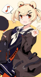 Rule 34 | arknights, black shirt, blonde hair, candy hair ornament, closed mouth, commentary, food-themed hair ornament, frying pan, gummy (arknights), hair between eyes, hair ornament, happy, holding, holding frying pan, marble (marblesized), medium hair, musical note, orange eyes, sailor collar, school uniform, serafuku, shirt, sketch, smile, solo, twintails, upper body, v
