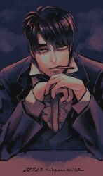Rule 34 | 1boy, artist name, black bow, black bowtie, black hair, black jacket, blue eyes, bow, bowtie, cigarette, collared shirt, dated, formal, gendou pose, grey background, hands clasped, jacket, kaiji, long sleeves, looking at viewer, male focus, medium bangs, murakami tamotsu, open mouth, own hands clasped, own hands together, shirt, short hair, smoke, smoking, solo, suit, unknown03162, upper body, white shirt