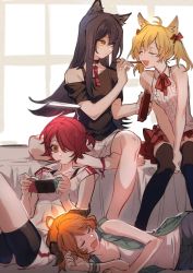 Rule 34 | 4girls, animal ears, anklet, arknights, bare shoulders, bike shorts, black hair, black legwear, blush, brown eyes, croissant (arknights), exusiai (arknights), closed eyes, fang, food, hair over one eye, highres, horns, jewelry, long hair, lying, multiple girls, nintendo switch, on side, open mouth, orange hair, pocky, red hair, shorts, sitting, skirt, sleeveless, smile, sora (arknights), texas (arknights), thighhighs, towtow redoland, twintails, vest