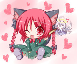 Rule 34 | 2girls, :3, ahoge, animal ears, blush, bow, braid, cat ears, cat girl, cat tail, cattail, chibi, dress, female focus, hair bow, halo, heart, kaenbyou rin, komakoma (magicaltale), multiple girls, o o, one eye closed, plant, red eyes, red hair, sitting, tail, touhou, twin braids, twintails, wings, zombie fairy (touhou)