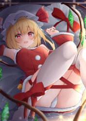 Rule 34 | 1girl, absurdres, armpits, arms up, blonde hair, blurry, blurry background, blush, bow, breasts, crystal, depth of field, detached sleeves, dress, ekidona, feet out of frame, flandre scarlet, fur trim, hair between eyes, hat, hat ribbon, highres, looking at viewer, lying, mob cap, nail polish, on back, on bed, open mouth, over-kneehighs, panties, petite, pom pom (clothes), puffy sleeves, red bow, red dress, red eyes, red nails, red ribbon, ribbon, santa dress, short hair, small breasts, solo, sparkle, thighhighs, touhou, underwear, upskirt, white hat, white panties, white thighhighs, wings