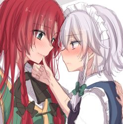 Rule 34 | 2girls, aqua eyes, arm at side, asa (coco), blue dress, blue eyes, blush, braid, collared shirt, colored eyelashes, dress, finger to mouth, hair ribbon, hand on another&#039;s shoulder, hong meiling, izayoi sakuya, lips, long hair, looking at another, maid, maid headdress, multiple girls, no headwear, parted bangs, red hair, ribbon, shirt, short hair, silver hair, sketch, touhou, tress ribbon, twin braids, white shirt, yuri