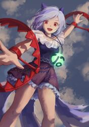 Rule 34 | 1girl, :d, black shirt, cloud, commentary, dog tail, english commentary, bear trap, grey hair, highres, himuhino, jewelry, looking at viewer, mitsugashira enoko, multicolored hair, multiple tails, open mouth, pendant, purple hair, shirt, skirt, smile, solo, streaked hair, tail, touhou